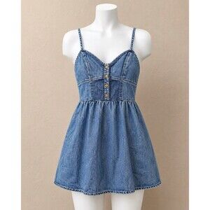 Forever Twentyone Denim Mini Dress Blue S Sleeveless Side Pockets Y2K Boho
